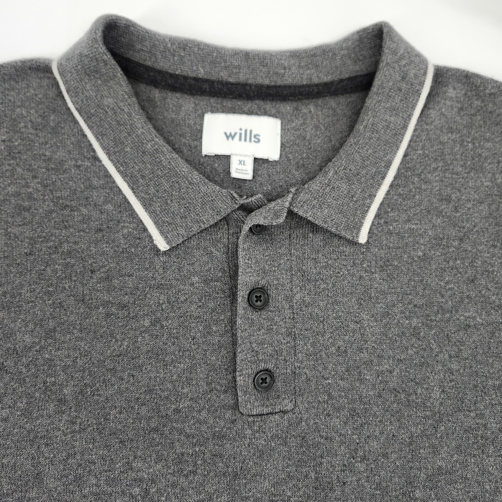 Wills Mens Cotton Cashmere Knit Polo Shirt Size XL Gray Tipped Collar Luxury